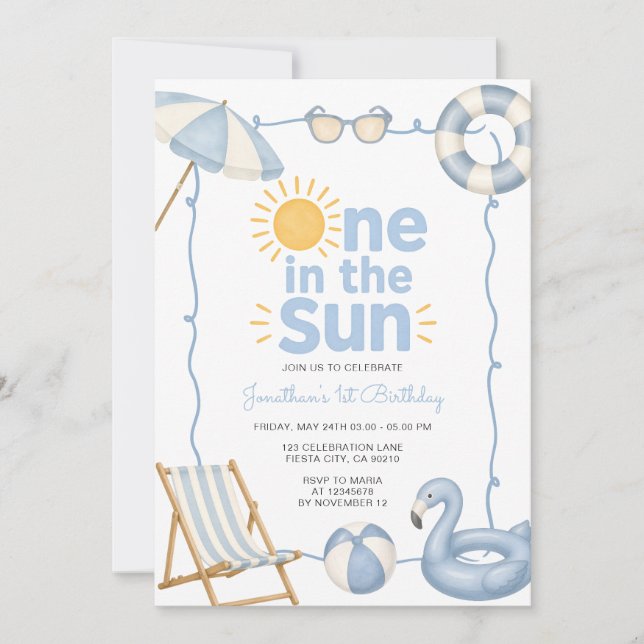 Invitación Azul Uno en el Sol Cumpleaños 1º Cumpleaños Fiesta (Anverso)