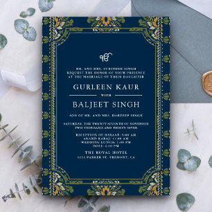 Invitación Azul Verde Amarillo Ikat Anand Karaj Boda Sikh