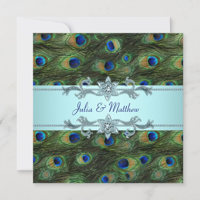 Invitación azul verde azulada de la boda del pavo (Anverso)