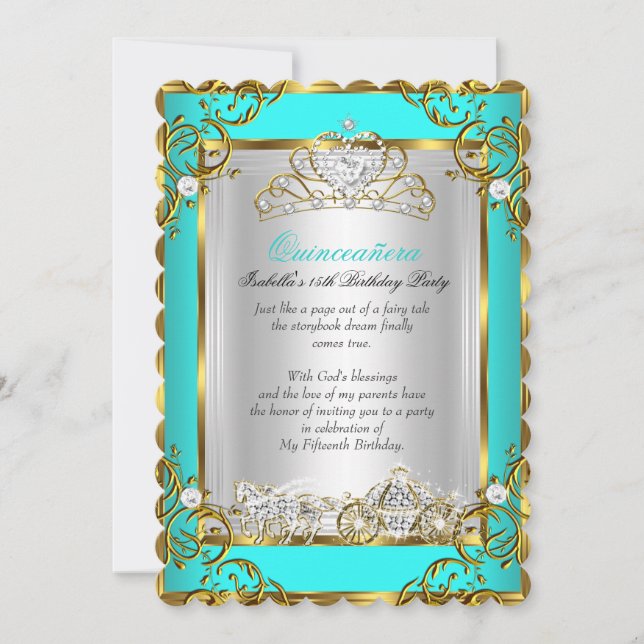 Invitación Azul Verde azulado de la princesa Quinceanera (Anverso)
