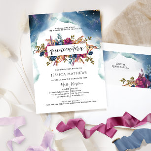 Invitación Azul, Verde azulado, morado y Fuchsia Elegante Qui