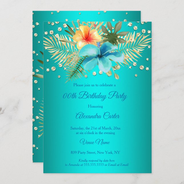 Invitación azul verde azulado Palomitas doradas amarillas flo (Anverso / Reverso)