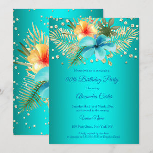 Invitación azul verde azulado Palomitas doradas amarillas flo