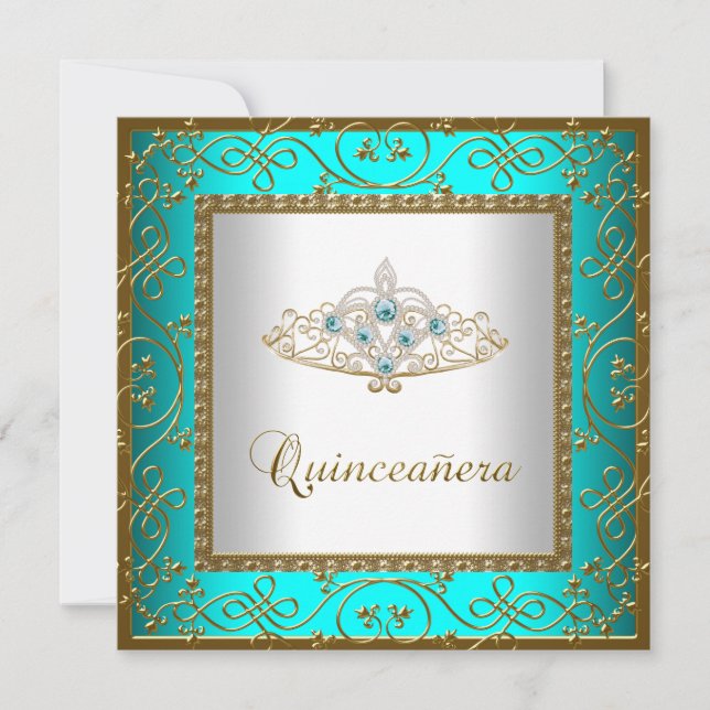 Invitación Azul verde azulado Quinceanera Gold Tiara (Anverso)