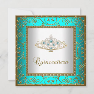 Invitación Azul Verde azulado Quinceanera Oro Tiara