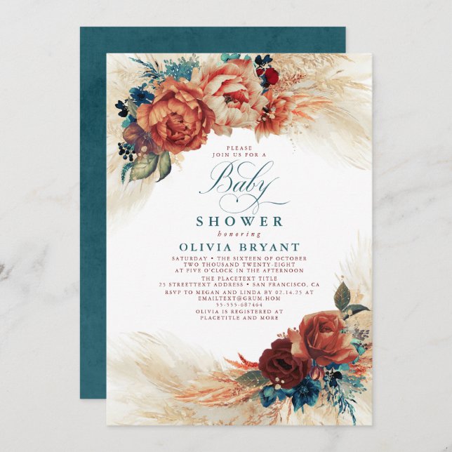 Invitación Azul verde azulado y Terracota Floral Boho Baby Sh (Anverso / Reverso)
