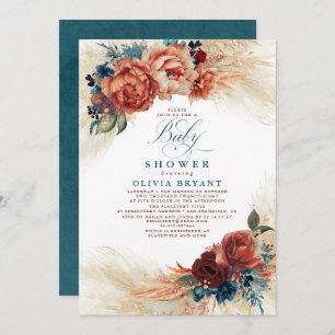 Invitación Azul verde azulado y Terracota Floral Boho Baby Sh