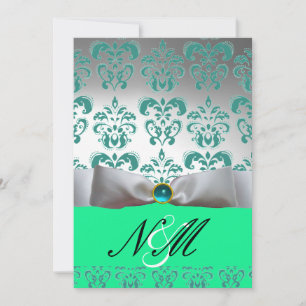 INVITACIÓN AZUL VERDE  CINTA BLANCA  MONOGRAMA DE DAMASCO NEG