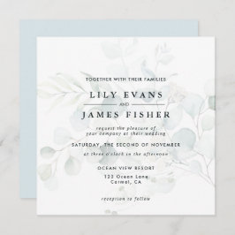 Invitación Azul Verde Eucalipto Foliage Bouquet Boda Oscuro