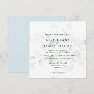 Invitación Azul Verde Eucalipto Foliage Bouquet Boda Oscuro