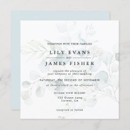 Invitación Azul Verde Eucalipto Foliage Bouquet Boda Oscuro