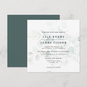 Invitación Azul Verde Eucalipto Foliage Bouquet Boda Oscuro