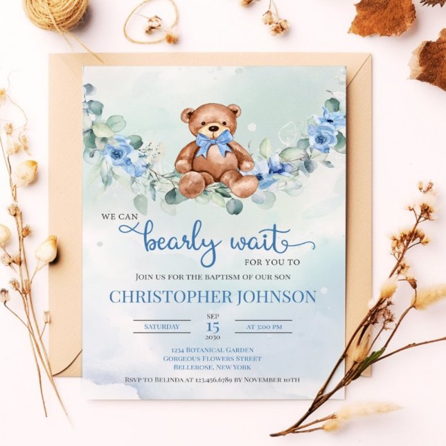 Invitación Azul Verde Floral acuarela Teddy Bear (Subido por el creador)