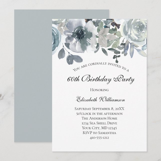Invitación Azul Verde Gris Floral Acuarela Cumpleaños Para el (Anverso / Reverso)