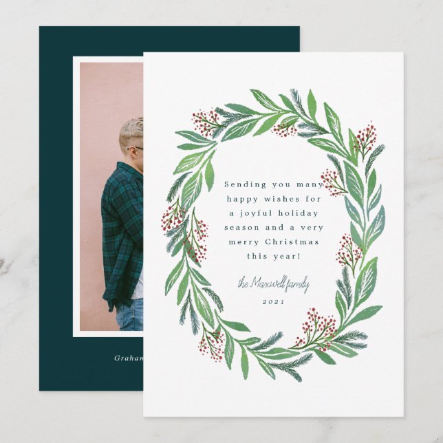 Invitación Azul Verde Ilustrado Festividad de flores de flore (Anverso / Reverso)