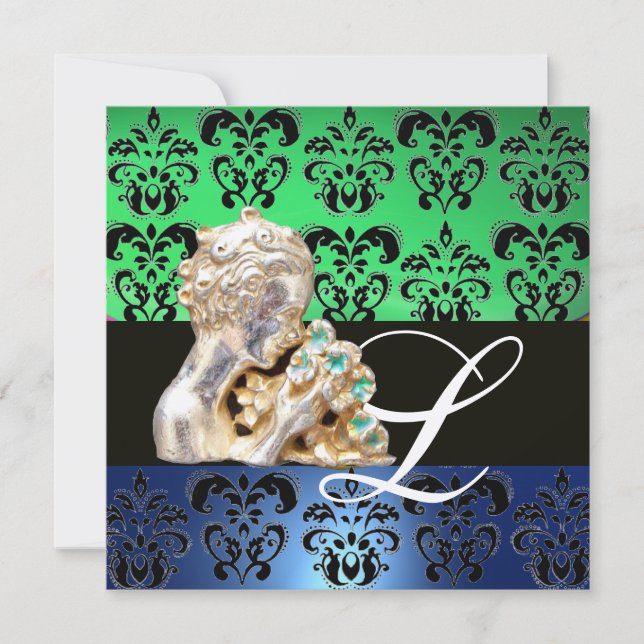 INVITACIÓN AZUL VERDE, NEGRO, BLANCO DAMASK JEWEL MONOGRAM (Anverso)