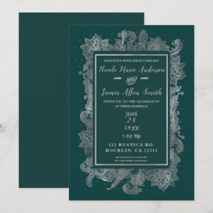 Invitación Azul Verde Teal y Plateado Floral Elegante Boda