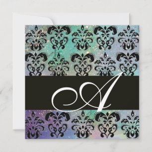 Invitación AZUL VERDE TERRACOTA NEGRO DAMASCO MONOGRAMA , bla