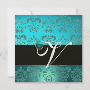 INVITACIÓN AZUL VERDE TURQUESA NEGRO ORO DAMASCO MONOGRAMA
