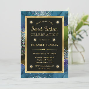 Invitación Azul, Verde y Dorado Agata Brillo Cumpleaños Dieci