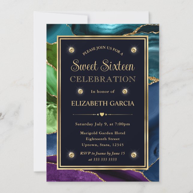Invitación Azul, Verde y Oro Glitter Agata Dulces Dieciséis (Anverso)