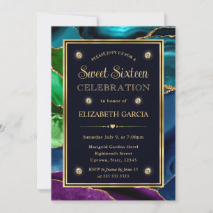 Invitación Azul, Verde y Oro Glitter Agata Dulces Dieciséis