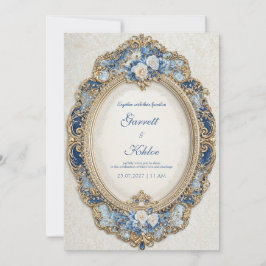 Invitación Azul victoriano con Boda de marco dorado de rosas 
