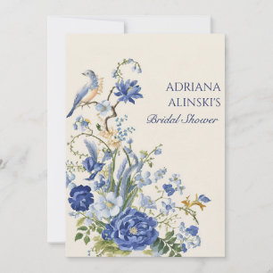 Invitación Azul vintage floral y pájaro