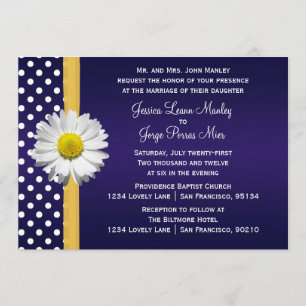 Invitación azul y amarilla de la boda de la