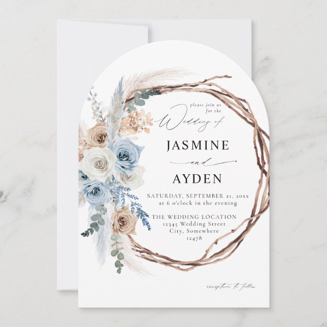 Invitación Azul y Beige Boho Floral Boda de flor azul - Arco (Anverso)