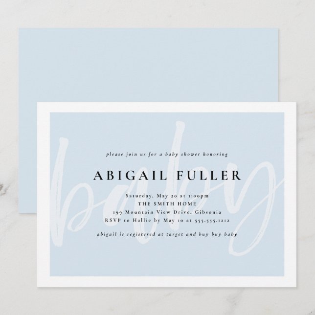 Invitación azul y blanca cepillada de Baby Shower (Anverso / Reverso)