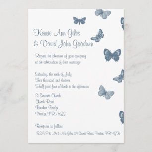 Invitación azul y blanca de la boda de la mariposa