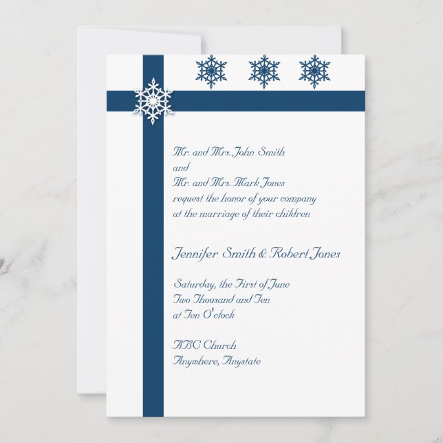 Invitación azul y blanca de la boda del copo de (Anverso)