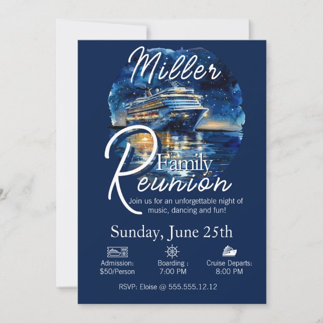Invitación azul y blanca del crucero Reunión Famil (Anverso)
