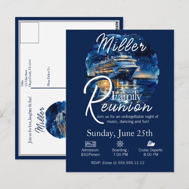 Invitación azul y blanca del crucero Reunión Famil (Anverso / Reverso)