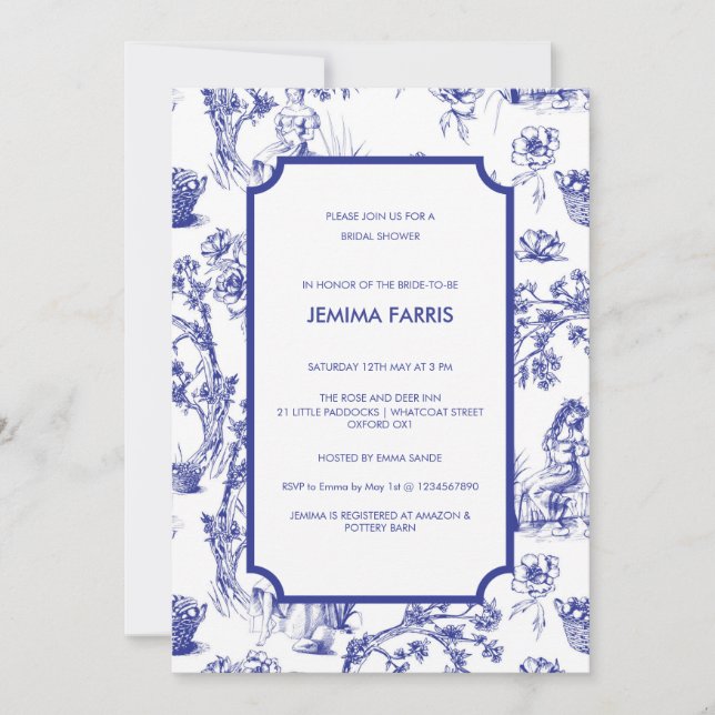 Invitación Azul y Blanca Toile de Jouy (Anverso)