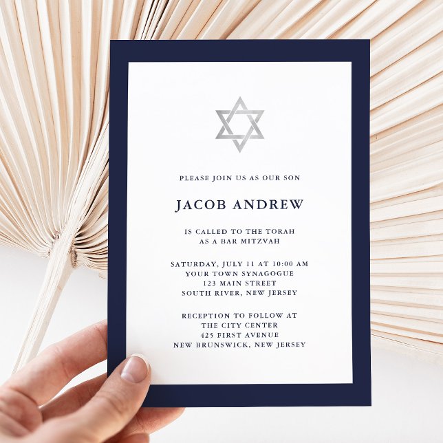 Invitación Azul y blanco clásicos de medianoche | Bar Mitzvah (Classic blue and white Bar Mitzvah invitation)