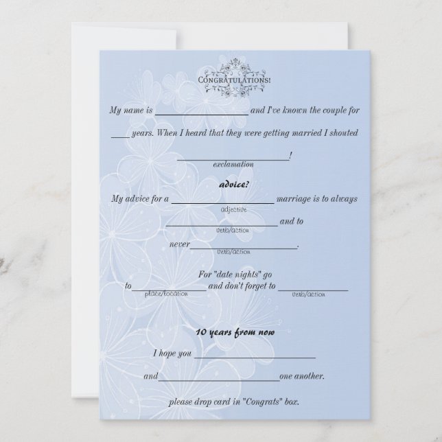 Invitación Azul y blanco, consejo Boda, comentario, Personali (Anverso)