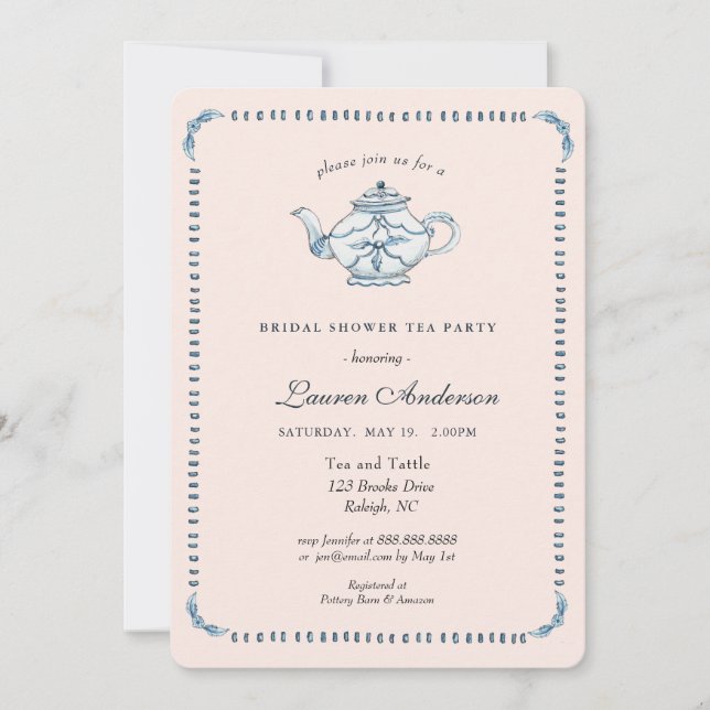 Invitación Azul y blanco en la ducha de novia en Rubor Teapot (Anverso)