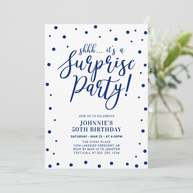 Invitación Azul y Blanco | Fiesta de Cumpleaños Sorpresa para (Anverso de pie)