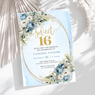 Invitación Azul y Blanco Floral Sin Tiempo Dulces Dieciséis  