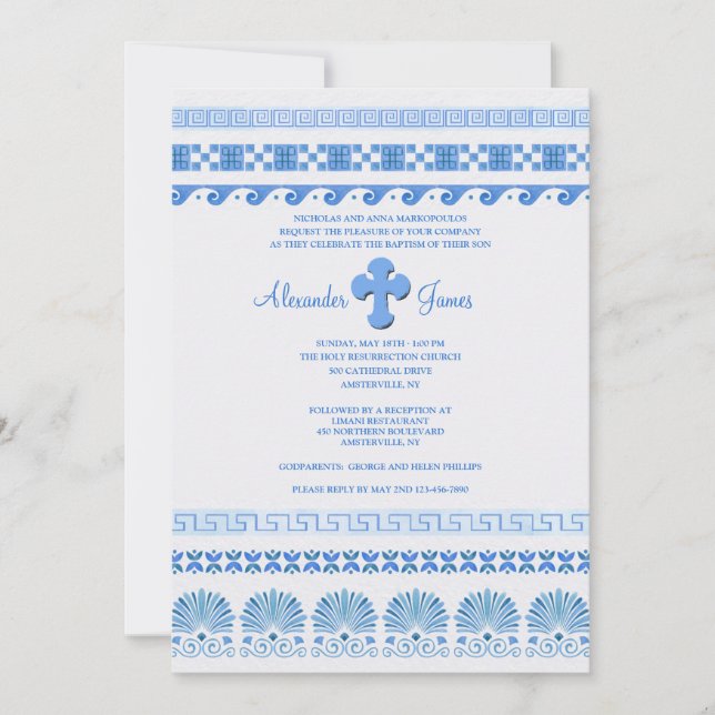 Invitación Azul y blanco griegos  (Anverso)