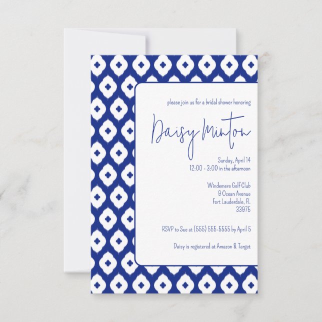 Invitación Azul y blanco Tradicional tailandés Ikat Ducha de  (Anverso)
