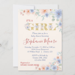 Invitación Azul y color turbio (Ver.2) Baby Shower floral