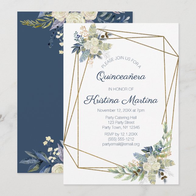 Invitación Azul y Crema Dusty Floral Quinceañera Cumpleaños (Anverso / Reverso)