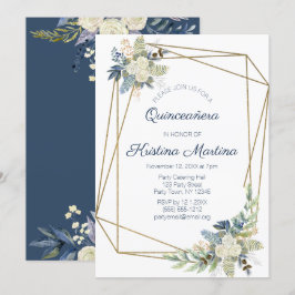 Invitación Azul y Crema Dusty Floral Quinceañera Cumpleaños