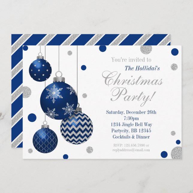 Invitación azul y de plata de la fiesta de Navidad (Anverso / Reverso)