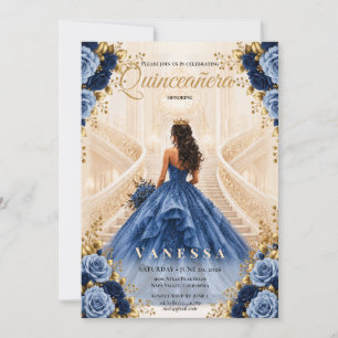 Invitación azul y dorada de Quinceañera