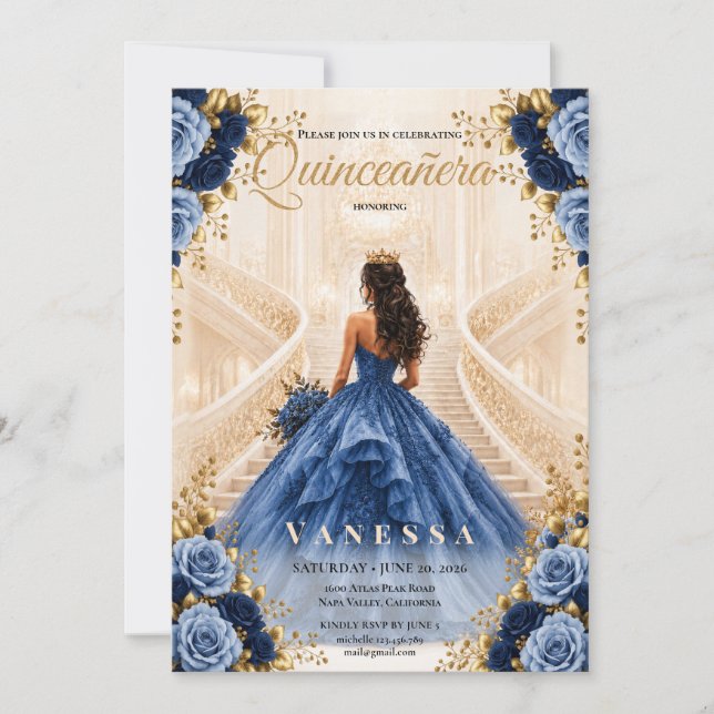 Invitación azul y dorada de Quinceañera (Anverso)