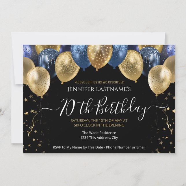 Invitación azul y dorada para fiesta de cumpleaños (Anverso)